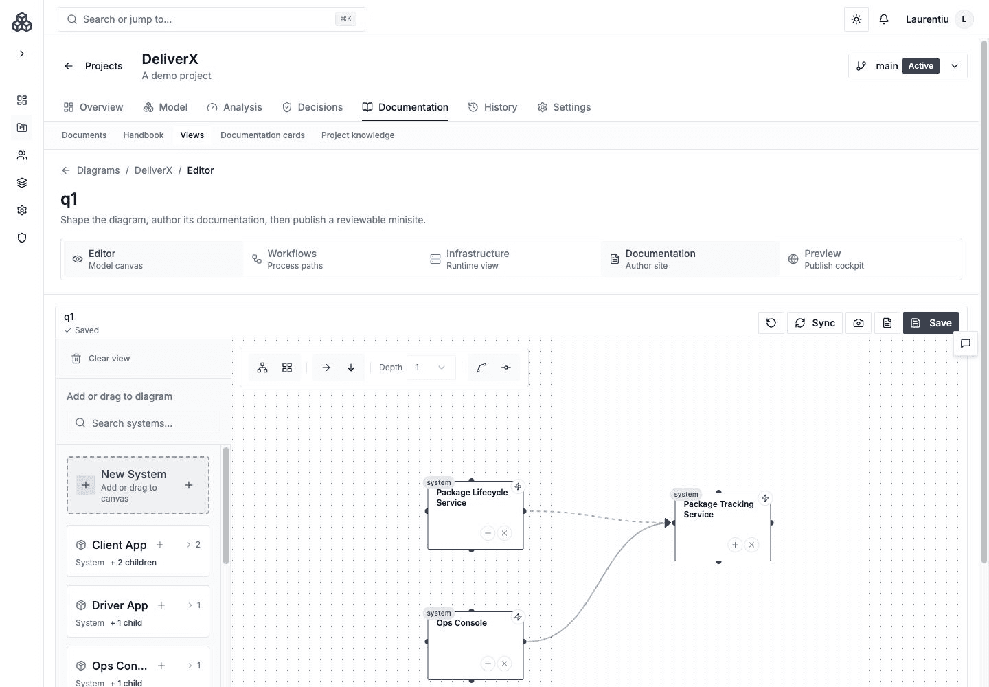 Architecture View editor showing a focused model