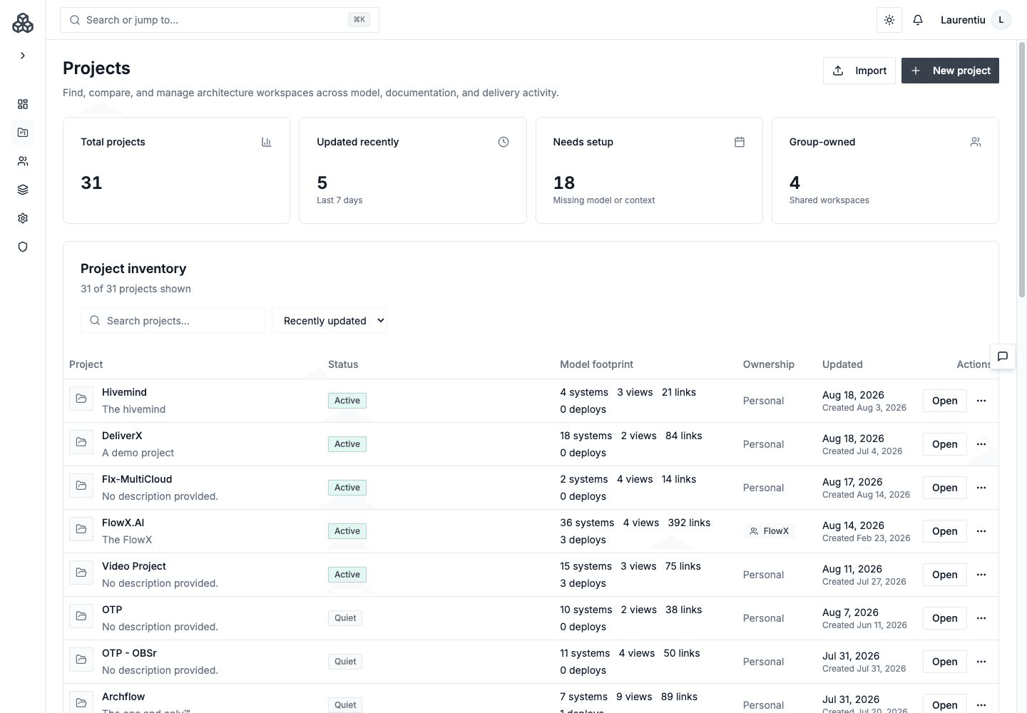 Projects dashboard with a demo architecture project