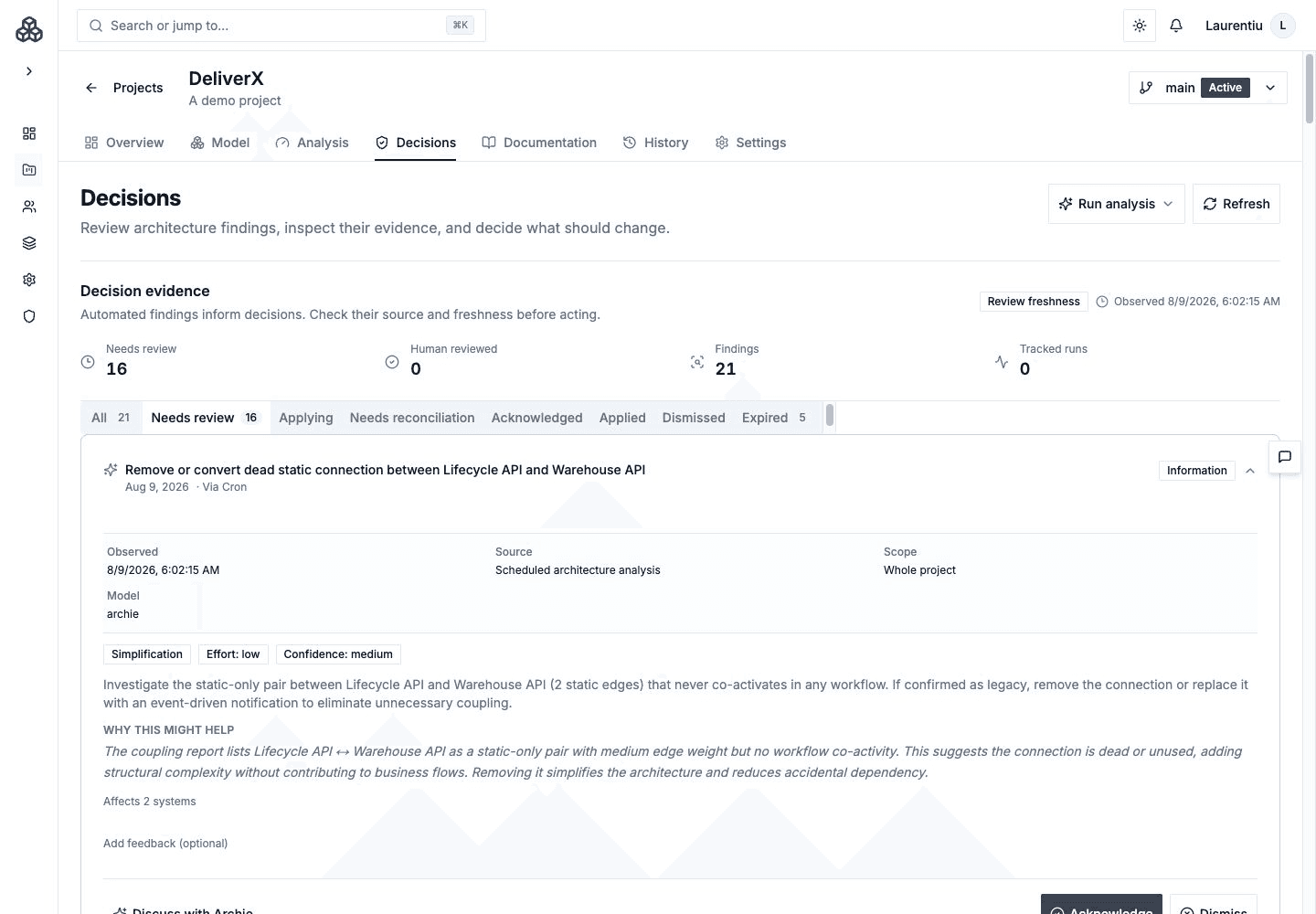 Decisions page with recommendation evidence and review queue
