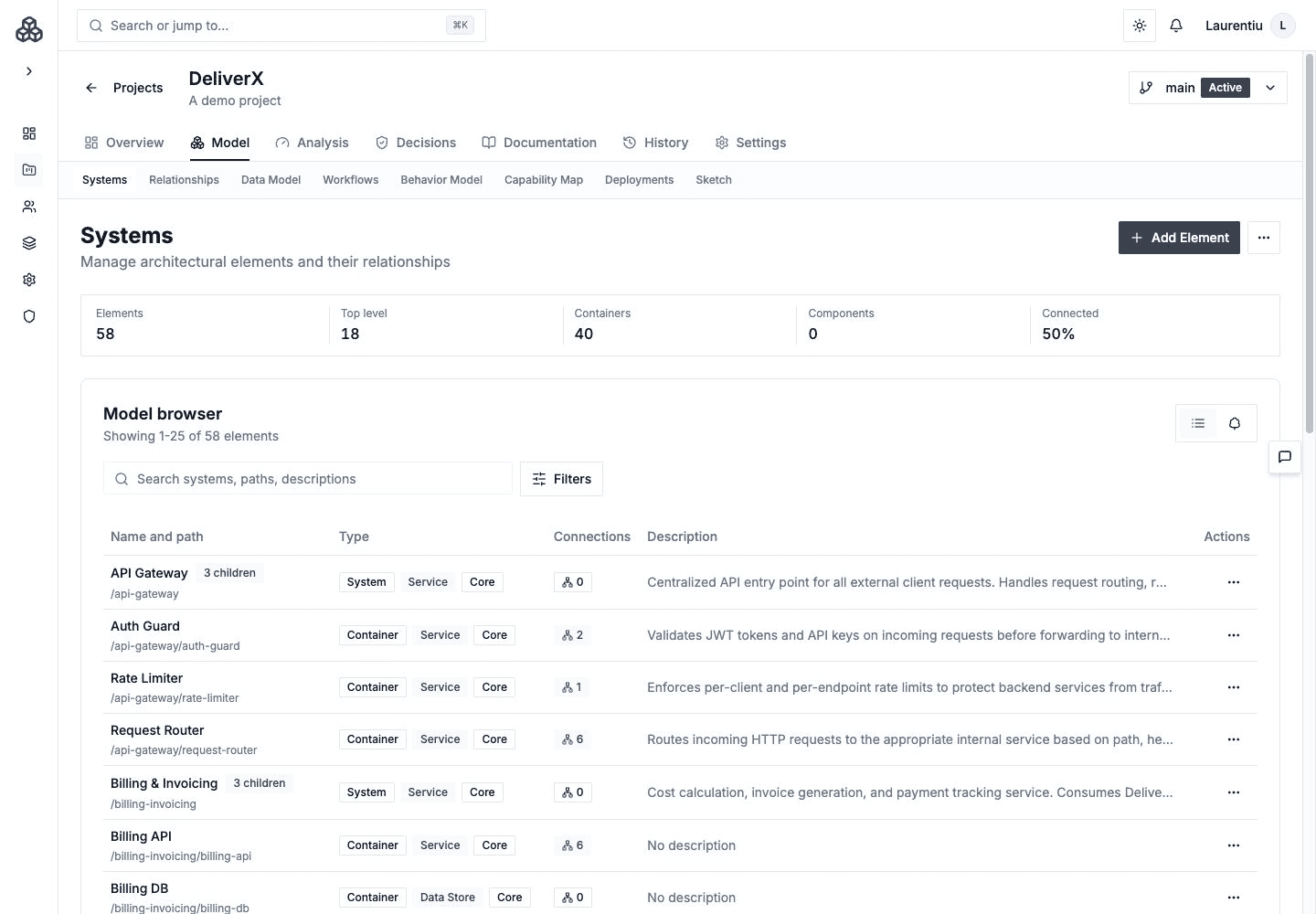 Systems list with architecture elements