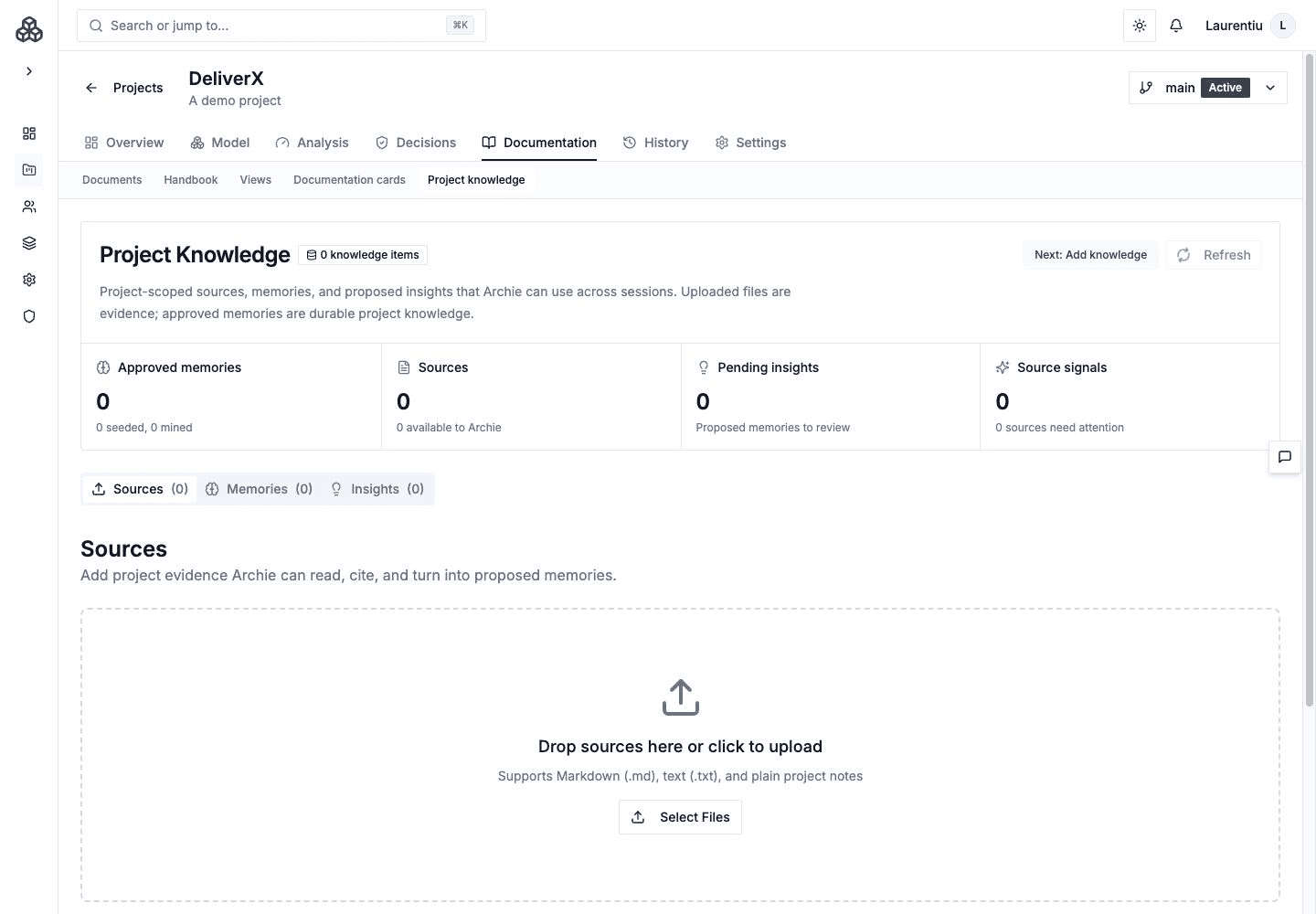 Project Knowledge with source documents and memory
